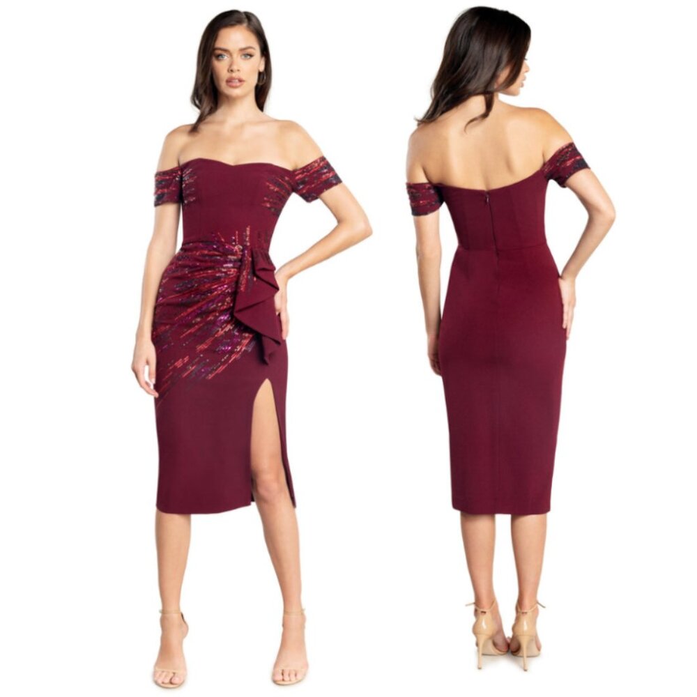 Dress the Population Alani Sequin-Trim Off-The-Shoulder Cocktail Dress sz S $268